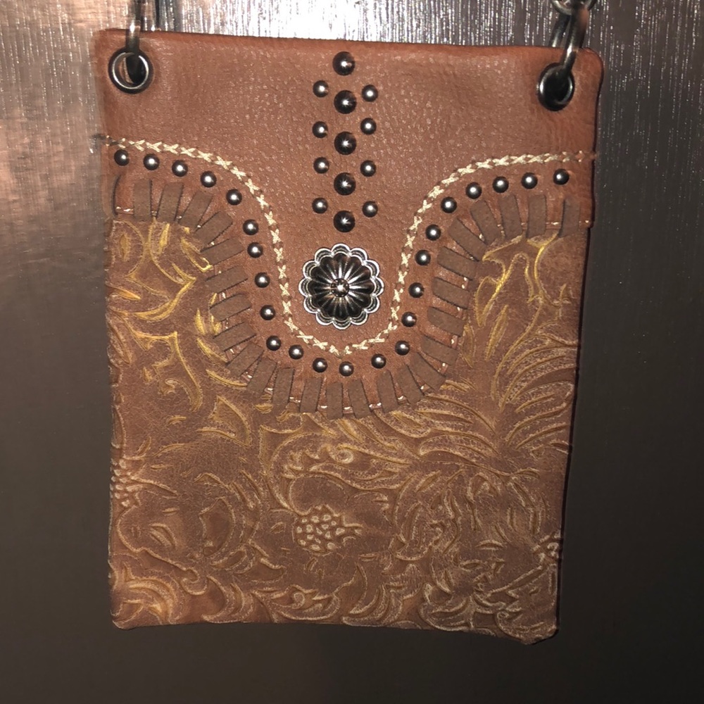 AMERICAN BLING FLAUX CARMEL BROWN MINI CROSSBODY HANDBAG